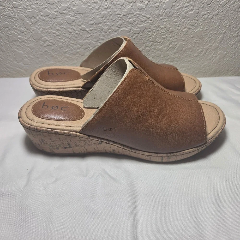 B.O.C. Born Concept Brown Faux Leather Cork Wedge Slide Sandals Womens 11M